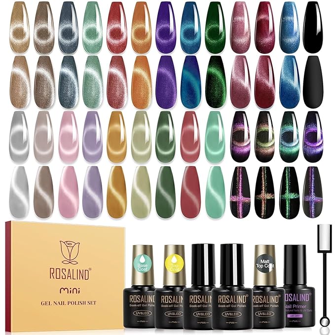 ROSALIND 30pcs Cat Eye Gel Nail Polish Set - 26 Colors Red Purple Brown Green Burgundy Magnetic Gel Nail Polish with Base Gel Glossy Matte Top Coat Magnet and Nail Primer