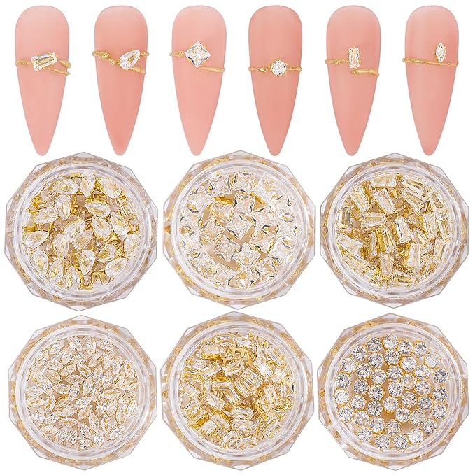 HNUIX 3D Nail Charms and Gems - 120Pcs Copper Metal Zircon, Gold Multiple Shape Smal Crystals Rhinestones, Nail Decorations Accessories for Nails Design