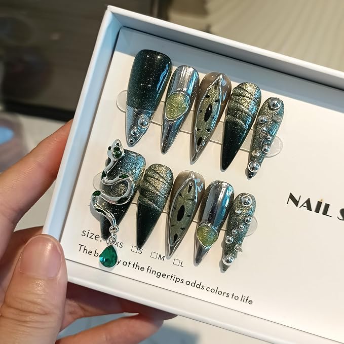 Punk Metal Press on Nails Long Stiletto,Black Silver Cat Eye Fake Nails with 3D Snake Gems, Acrylic Soft Gel Handmade False Nails with Rhinestone Steel Ball,Gothic Glue on Nails 10pcs(L)