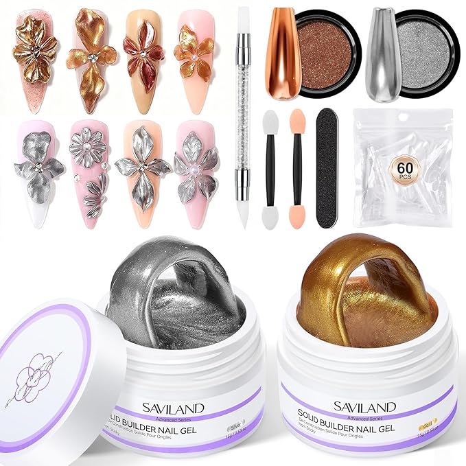 SAVILAND Non Sticky Solid Builder Nail Gel: Gold Silver Metallic 3D Nail Gel No Wipe Sculpting Gel for Nail Art Easy Sculpting Molding Gel with Chrome Nail Powder DIY Manicure Carving Decoration Salon