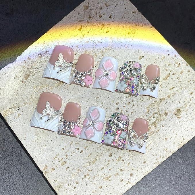 Duck Shaped Press on Nails 3D Flower Colorful Rhinestone and Butterfly Embossed Design Thick Acrylic and Muti-Layer Gel Handmade Press on Nails White French Tip Thick Acrylic Nails for Women (Size M)