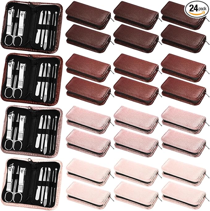 Coume 24 Sets Mini Manicure Set Bulk for Women Men Gifts for Coworkers Nail Grooming Kit 8 in 1 Nail Clippers Kit Luxurious Travel Case Stainless Steel Nails Clipper Set(Brown Series)