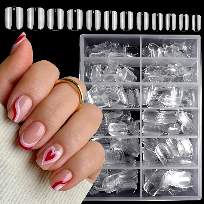 LoveOurHome 600pc Short Round Square Nail Tips Clear Fake Nails Press ons Nail Short Square Soft Gel Acrylic Nail Tip Full Cover Artificial False Fingernails 12 Sizes for Women Teen Girls Kids