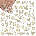 30PCS Gold Nail Charms, Wsimily 3D Y2k Butterfly Nail Charms Alloy Nail Art Rhinestone Shiny Cherry Snake Nail Decorations for DIY Nail Art