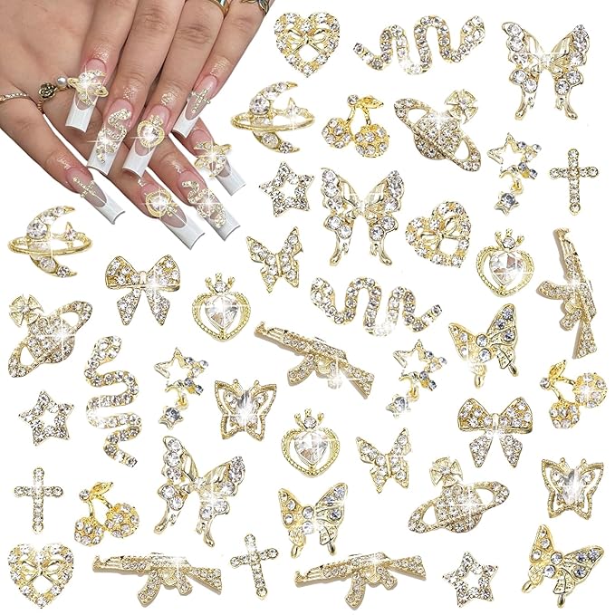 30PCS Gold Nail Charms, Wsimily 3D Y2k Butterfly Nail Charms Alloy Nail Art Rhinestone Shiny Cherry Snake Nail Decorations for DIY Nail Art