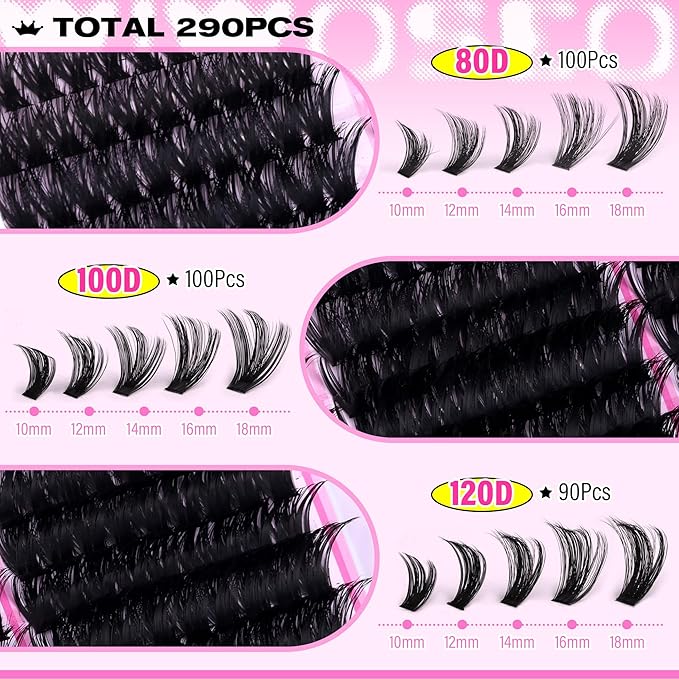 wiwoseo Fluffy Lash Clusters Kit Mink Lashes Clusters Kit Salon Like Eyelash Clusters Kit 80D+100D+120D Cluster Eyelash Extensions kit with Bond and Seal 10-18MM Full of Volume Individual Lashes Kit