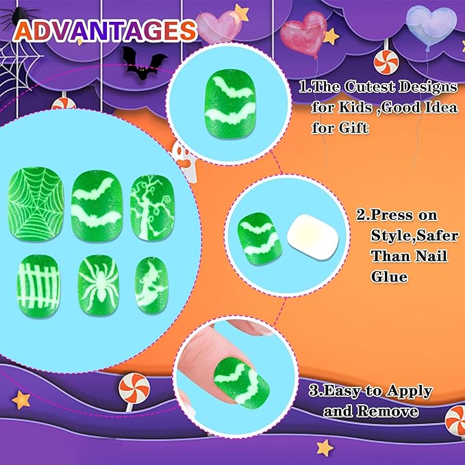 JANYUN 96 Pcs Halloween Luminous Kids Fake Nails False Nails Full Cover Glowing Stick on Nails with Skull Bat Spider Pumpkin for Girls Nail Art Party Decoration