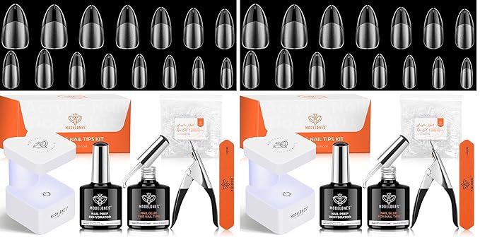 modelones Gel Nail Kit Almond, Upgrade 15Sizes Fake Nails, 9-in-One Glue Dehydrator & Mini U V Light Clipper, 510Pcs Medium Almond Press on Tips for Extension DIY Salon Home Gift (Pack of 2)