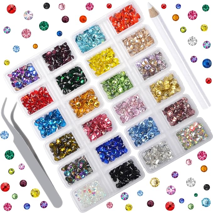 24 Colors1330 Pieces Rhinestones Round Crystal Glass Flat Back Rhinestones with 1Tweezers and 1Picking Pen for Nail Art Crafts Clothes Bags DIY (ss20)