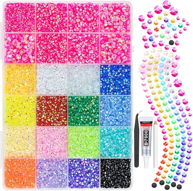 2mm-6mm Rose Pink AB Resin Rhinestones w B7000 Glue for Crafting Bedazzling Flatback Colorful Jelly Stones Diamonds Gems Bedazzler Kit for Nails Face Eyes Makeup Tumblers Bottles Crafts Shoes