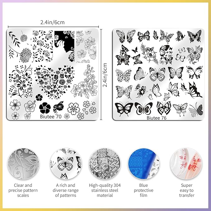 Biutee Nail Stamping Plates Set 16PCS Nail Stamper Kit with Nail Stamper, Scraper & Storage Bag Nail Art Stamping Plates Butterfly Star Flower Leaf Bowknot Design Nail Stamping Kit
