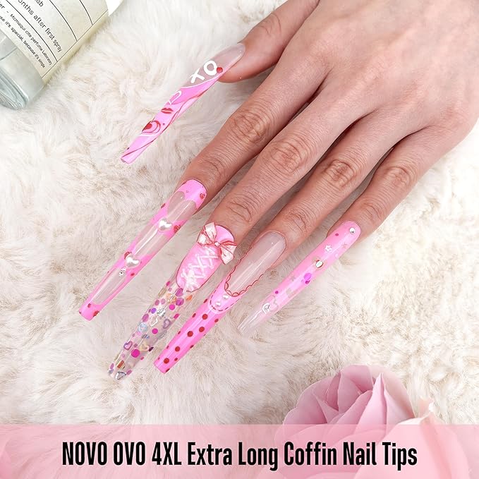 NOVO OVO 4XL Extra Long Coffin Nail Tips (Clear, 120Pcs) - Soft Gel Gel X Style Full Cover False Nails, Super Long Ballerina Acrylic Fake Nail Tips for Press on Extension, DIY Salon (12 Sizes)