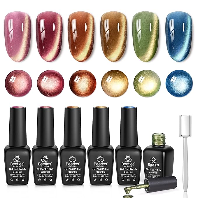 beetles Gel Polish Golden Mirage Cat Eye Gel Nail Polish Set - 6 Colors Glitter Gel Nail Polish Kit Pink Red Green Blue Brown Magnetic Shine Soak Off UV Salon DIY Manicure Gift for Women
