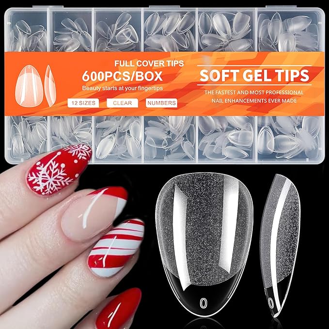 AddFavor 600pcs Short Almond Nail Tips, Soft Gel Nail Tips Almond Short Clear Fake Nails Full Cover Acrylic Nails Tips for Extension Nail Manicure Salon Home DIY