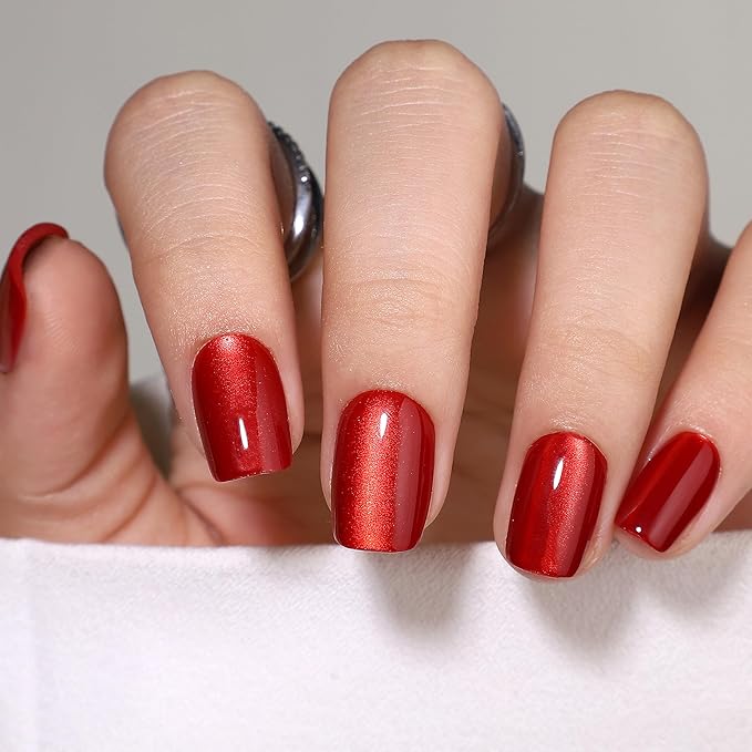 Press On Nails - Ruby | Red Cat Eye Short Square UV Finish Nails, Salon Quality | 32 Nails, 16 Sizes Kit with Glue and Adhesive Tabs I Female Founded