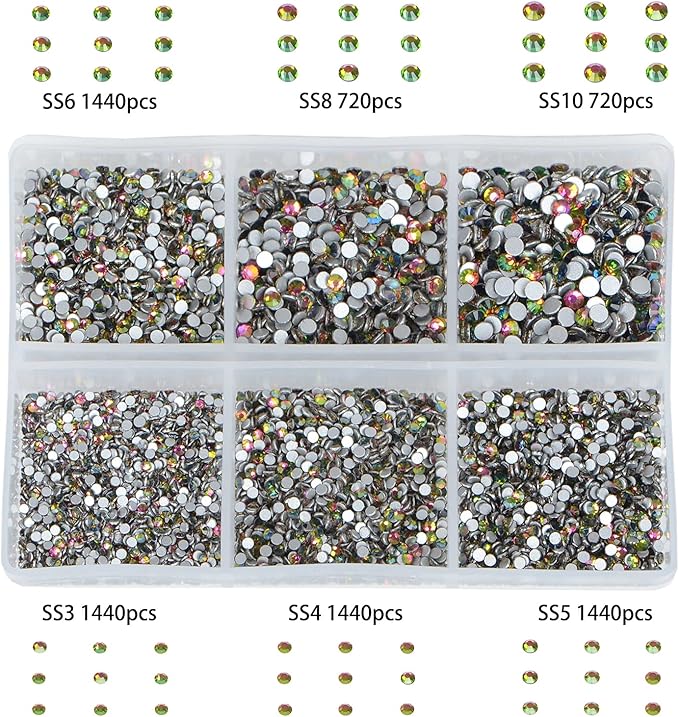 Bymitel 7200 Pieces 6 Mixed Sizes Glue Fix on Glass Rhinestones Round Crystal Gems Flatback for DIY Jewelry Making with one Picking Pen(6-Sizes 7200PCS, Vitrail Medium)