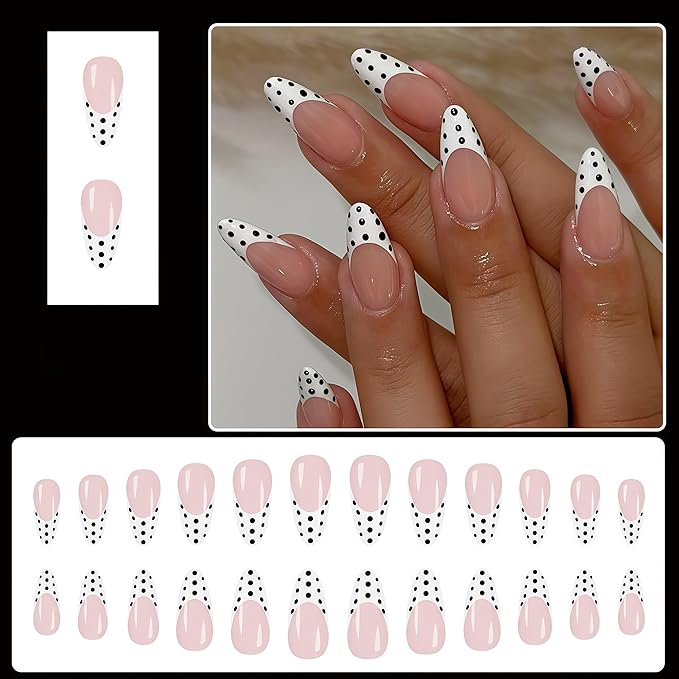Almond Press on Nails Medium Fake Nails White French Tip False Nails Cute Black Polka Dot Design Reusable Artificial Nails Full Cover Glossy Glue on Nail Stick on Nail for Women Manicure 24Pcs