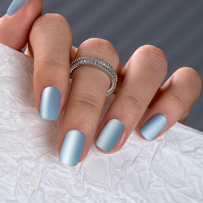 CurvLife Press On Nails Short Square Frost Veil Matte Blue Cat Eye, Soft Gel Fake Nails, Reusable Salon Look Manicure for Women Teens Beginners, 30pcs, Daily Wear Work Party