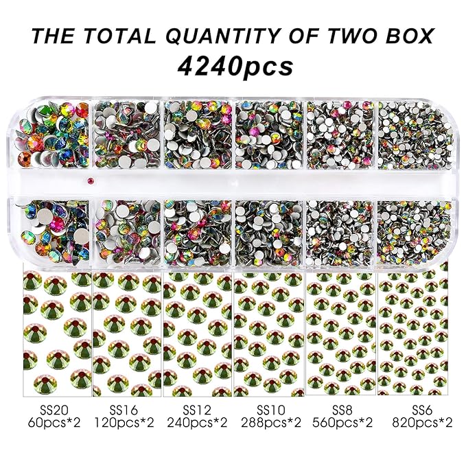 4240Pcs Flatback Rainbow Rhinestones Glass Crystal Gems for Nail Art Face Makeup Sparkly Round with Tweezers and Picking Pen (SS6~SS20 Set)
