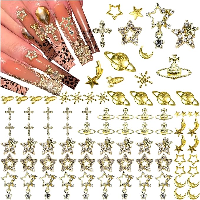 85PCS Star Nail Charms for Acrylic Nails,Gold Star Planet Cross Alloy Nail Art Decoration, Nail Stones Nail Jewels Accessories for Nail Art Supplies Manicure Craft DIY, Medium