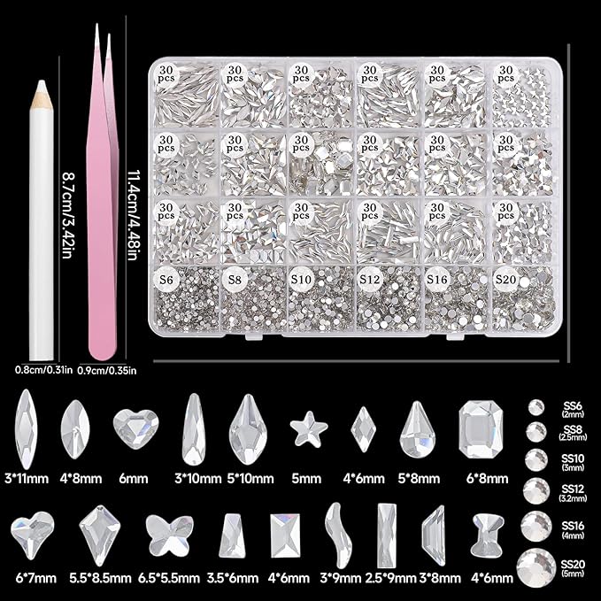 White Nail Art Rhinestones Kit, Multi Shapes Sizes Crystal Flatback Nail Gems Half Round Rhinestones for Nails, White Gems Crystals Rhinestone for Nails Art DIY Supplies Craft