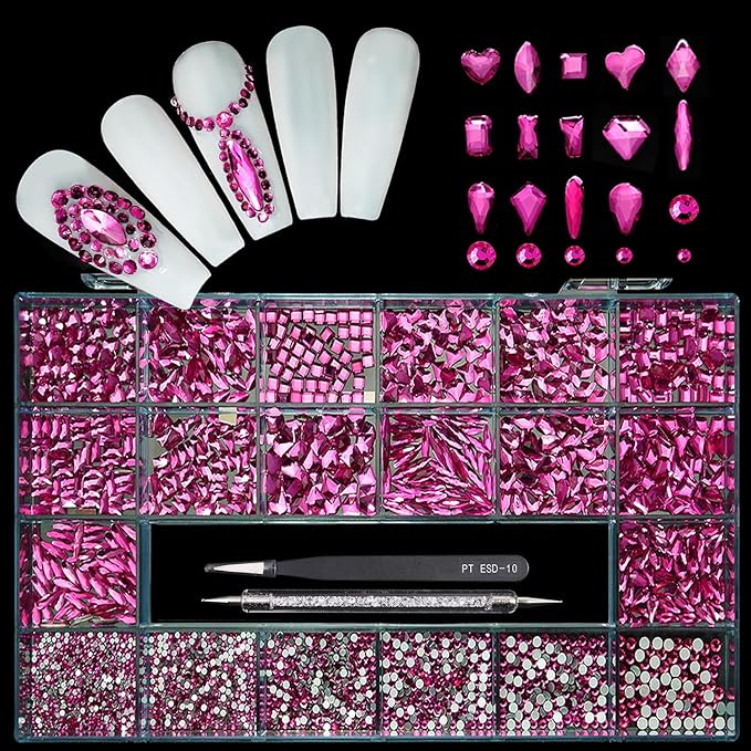 14 Types of 700 Rose Pink Diamonds + 2100 Flat Rhinestones Mix 20 Styles Flatback DIY Crafts Rhinestone Crystals 3D Ornament‌s Flat Back Stones Set + Tweezers + Drill Pen