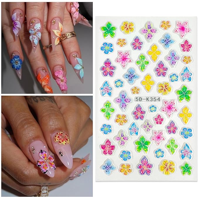 Flower Nail Art Stickers Decals 5D Embossed Nail Decals Spring Summer Colorful Flower Butterfly Nails Design Self-Adhesive 3D Accessories for Women Nails DIY Decoration(5 Sheets)