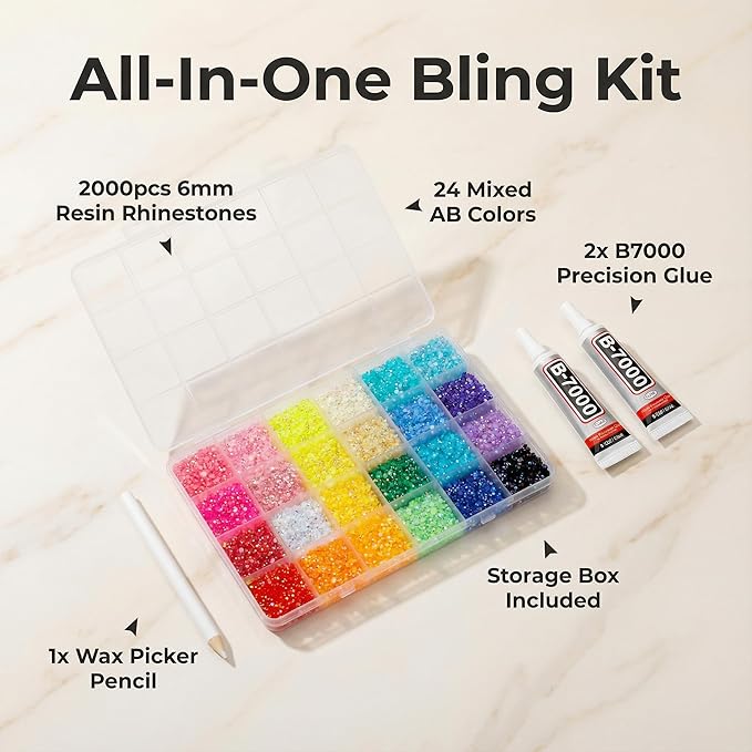 2000Pcs 6mm Rhinestones for Bedazzling, Bedazzler Kit with Rhinestones and Tools, Flatback Resin Jelly AB Colorful Rainbow Crystals Gems Set with Glue for Nail Art Crafting Clothes Crafts
