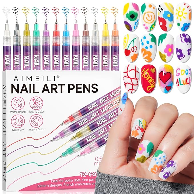 AIMEILI 12 Colors Nail Art Pens Set, 0.5mm Fine Tip Acrylic Paint Pens for Salon & Home DIY Nail Design, Dotting Drawing Liner Brush for Manicure, Nail Polish Art Decoration Kit 2