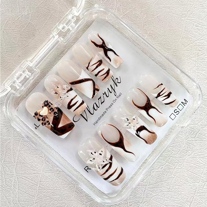 Handmade Press on Nails with Charms - Long Square French False Nails, Stars, Leopard, 3D Flower Embossed Designs for Women & Girls, Nail Kit