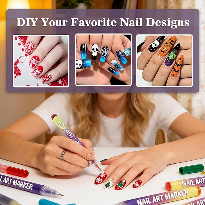12 Colors Nail Art Pens Set, Nail Art Markers Polish Pens for 3D Nails, Dotting Drawing Painting Liner Brush for DIY Manicure, Home and Salon Nail Art Tools for Women and Men