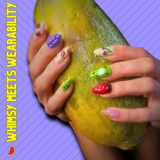 ARYANA NEW YORK 3D Flower Summer Press on Nails Almond, Colorful Fruits Design Nails for Women, Glossy Gold Beads Rhinestones Charms French Tip Glue on False Nails, Les Fruits Collection - Small