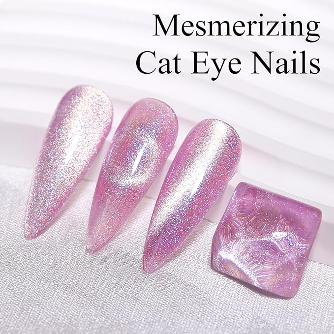 Imtiti Cat Eye Gel Nail Polish, 15ML Pink Holographic Glitter, Magnet UV LED Magnetic Gel Nail Polish Crystal Galaxy Sparkly Home DIY Manicure Nail Salon Kit