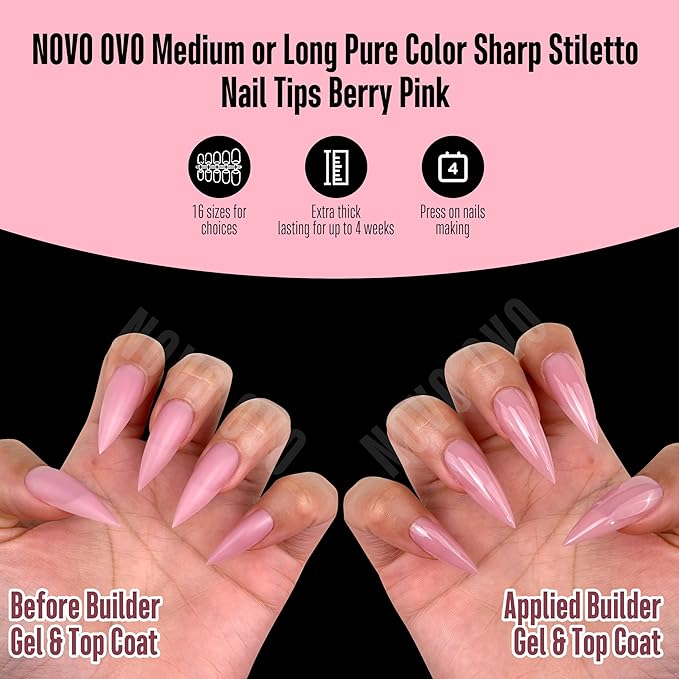 NOVO OVO Medium Long Stiletto Nail Tips Berry Pink (224Pcs) - Pre-designed Soft Gel Full Cover False Nails, Sharp Pointed Acrylic Press on Extension, DIY Salon Manicure (16 Sizes)