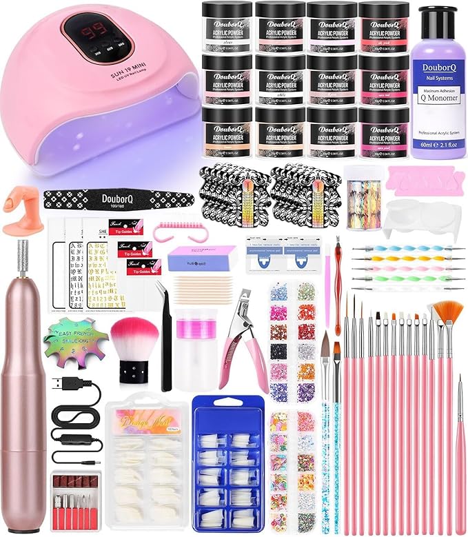 Acrylic Nail Art Kit-Nail Art Manicure Set Acrylic Powder Brush Glitter File French Tips U V Lamp Nail Art Decoration Tools Nail Drill kit for beginners with everything at home (White)