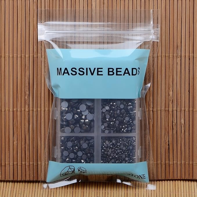 4000Pcs Mixed Size Hot Fix Round Crystals Gems Glass Stones Hotfix Flat Back Rhinestones (Hematite Black)