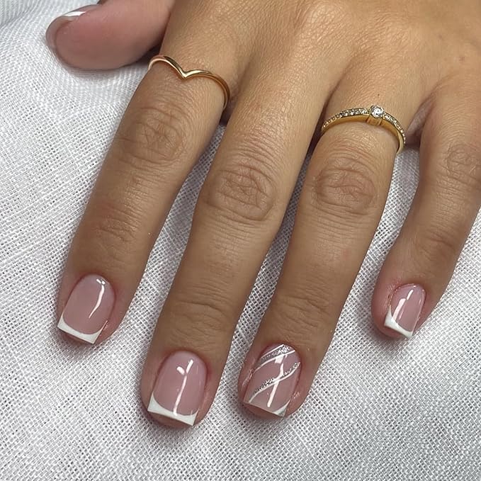 White French Tip Press on Nails Short Square Silver Lines Fake Nails Pink Stick on Nails Reusable Glossy Acrylic False Nails Press ons Artificial Glue on Nails for Women 24 Pcs