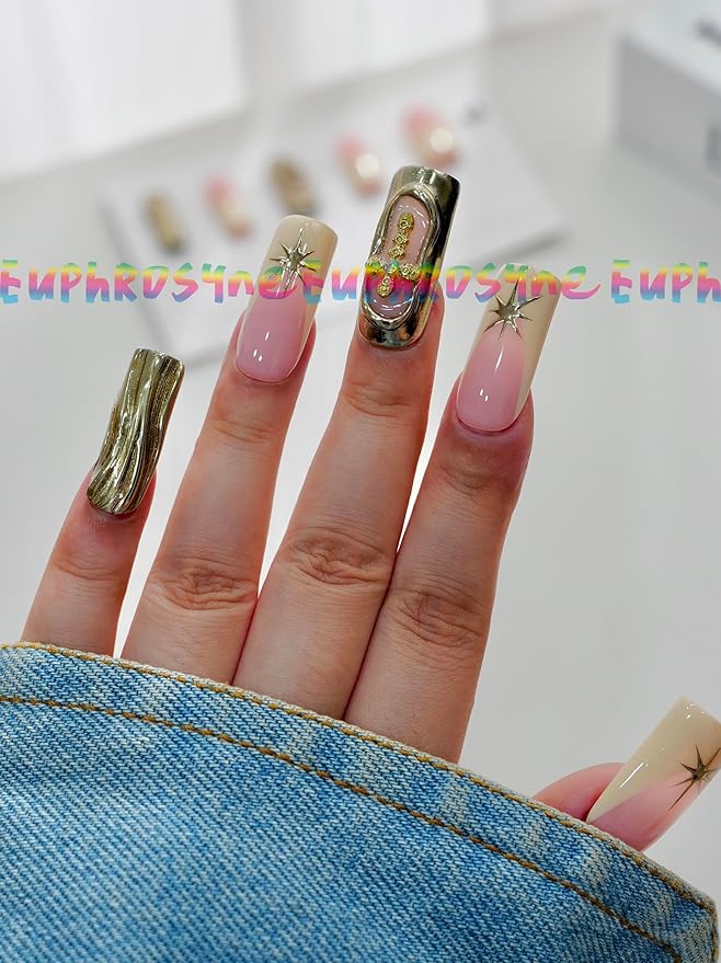 Euphrosyne Luxury Press On Nails – 10pcs Long Square Nude Pink Fake Nails with Gold 3D Star Charms & Baroque Relief Design | Glam Stick-On Nails for Women, Retro Nail Art for Party & Fashion Look