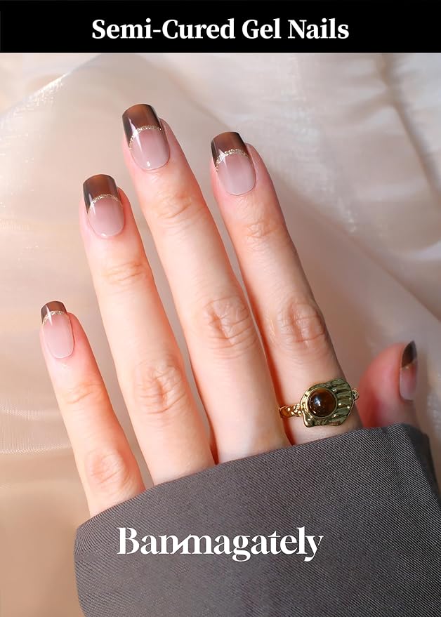 Semi Cured Gel Nail Strips, 20Pcs Long Lasting Salon Quality Wraps, Easy Apply & Remove Gel Nail Stickers with UV Light (Peachy Amber Brown)