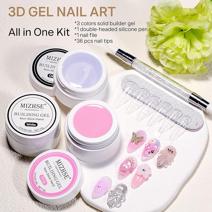 MIZHSE Solid Builder Gel for nails, 3 Colors Sculpting Gel for Nails, Clear White Pink Non-Sticky Hand 3D Nail Art Building Carving Modeling Hard Nail Extension Manicure Salon Home DIY Gift
