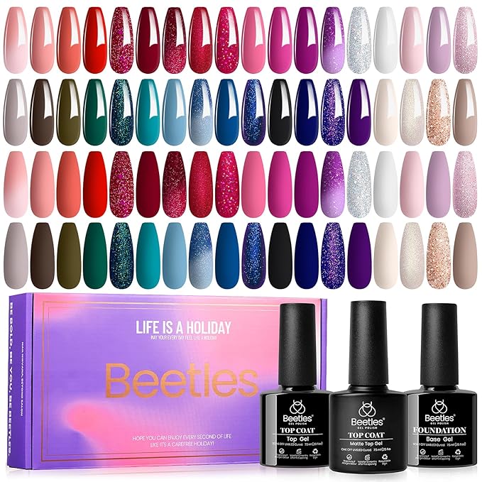 beetles Gel Polish Set 39Pcs Red Burgundy Blue Green Nude Pink Purple Gel Nail Polish with Base Top Coat for Manicure Lovers DIY at Home UV LED Needed Gift for Women Enchanted Jewelry