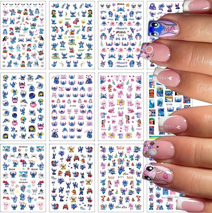 Nail Art Stickers Cute Cartoon Nail Decals 3D Self Adhesive Nails Art Supplies Cartoon DIY Nail Designs Sticker Luxury Designer Nails Stickers for Women Decorations 12 Sheets