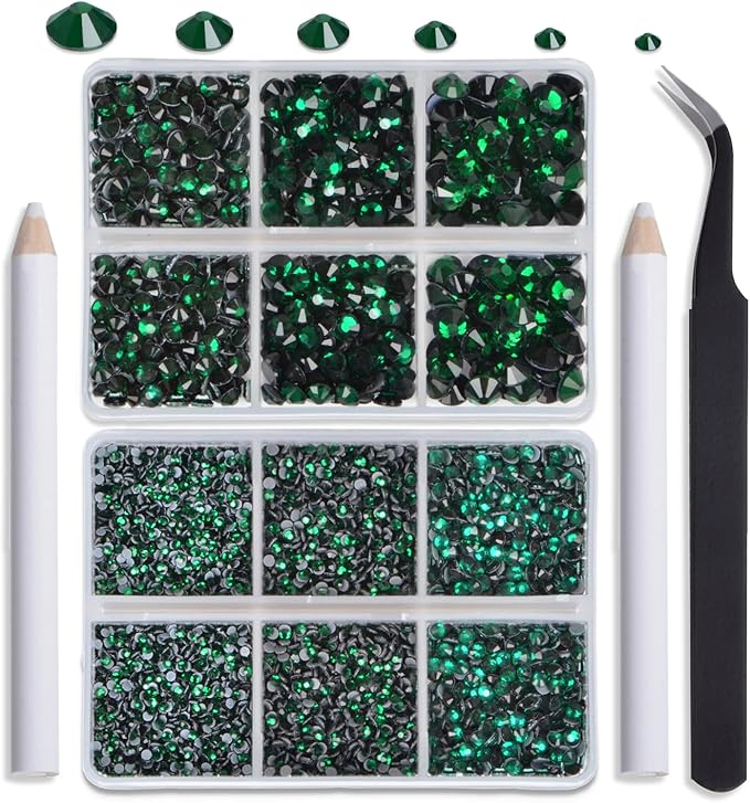 NCB Hotfix Iron on 8000pcs Crystal Rhinestones Round Gem for Crafts Decoration DIY Jewelry Making with a Tweezers and 2 Picking pens (Emerald, 6Sizes SS4-SS30)