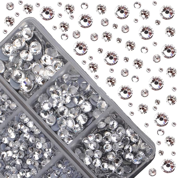 4000pcs Mixed Size Hot Fix Round Crystals Gems Glass Stones Hotfix Flat Back Rhinestones (Clear Crystal)