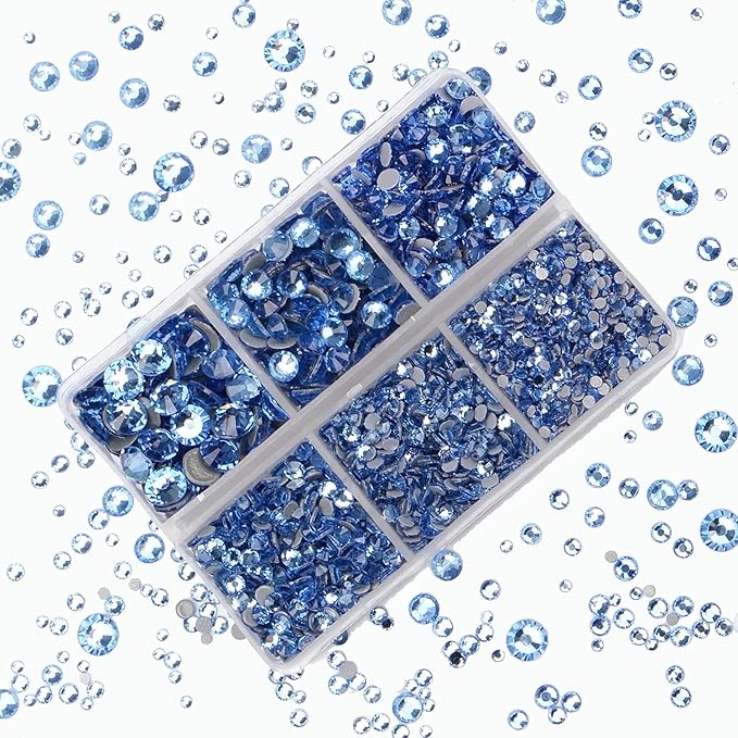 4000Pcs Mixed Size Hot Fix Round Crystals Gems Glass Stones Hotfix Flat Back Rhinestones (Light Blue)