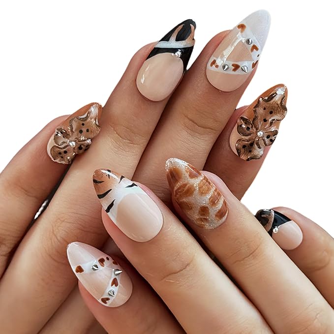 3D Handmade Press On Nails,Brown French Tip Medium Almond Fake Nails with Rhinestone Flowers, Reusable Luxury Winter Nail Art, Salon-Quality Acrylic Nails for Women