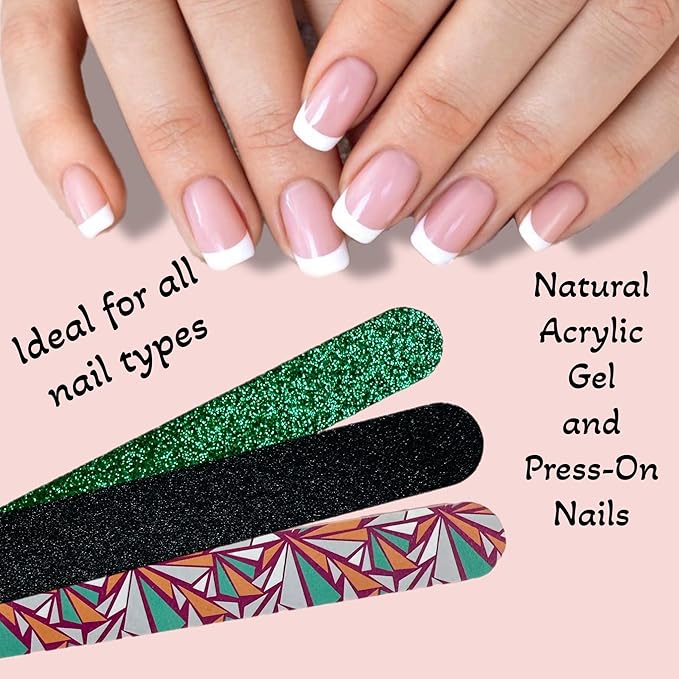 20 pc ALAZCO Premium Nail Files Coarse & Medium Grit Professionals & DIY Washable Emery Boards for Natural Acrylic Gel Press-On Nails Travel TSA Friendly Colorful Pattern/Black/Green Glitter