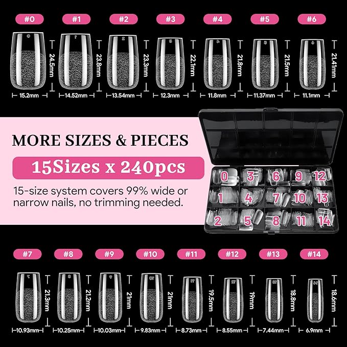 Medium Square Pre-Building Nail Tips, 15 Sizes 240 PCS Pre-shaped Apex Clear Soft Press On Fake Nail Half Matte Gel Nail Extensions Strong Thick Acrylic Tip for DIY Beginners & Salon Manicure