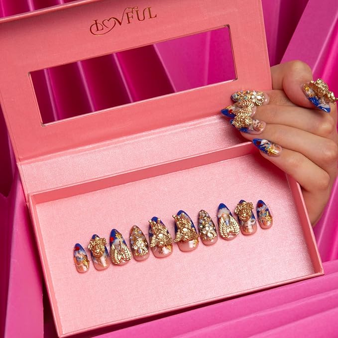 LOVFUL Press on Nails The Palace of Murals Blue French Tip | Handmade with Full Covered Crystals | Reusable Fake Nails | Almond Regular 1.0 in | H174-M