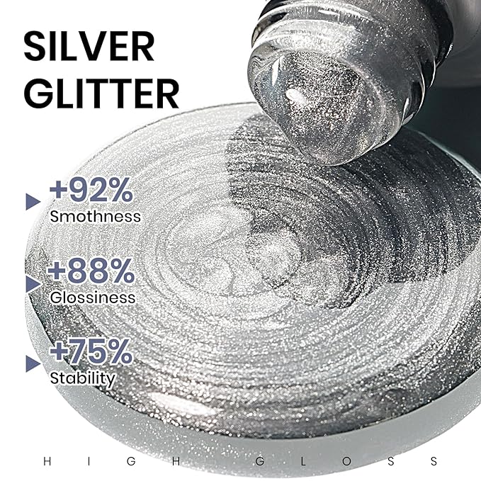 MIZHSE Cat Eye Gel Nail Polish Silver Glitter Cateye with Magnet, Holographic Crystal Shimmer Magnetic U V LED Soak Off Gel Polish for Home DIY Manicure